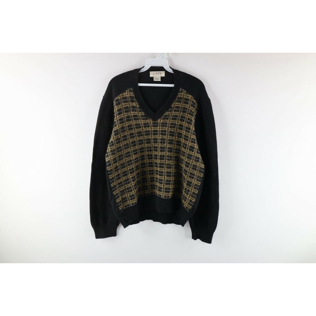Vintage J Crew Womens Xl Lambswool Blend Knit Checkered Plaid V-Neck Sweater